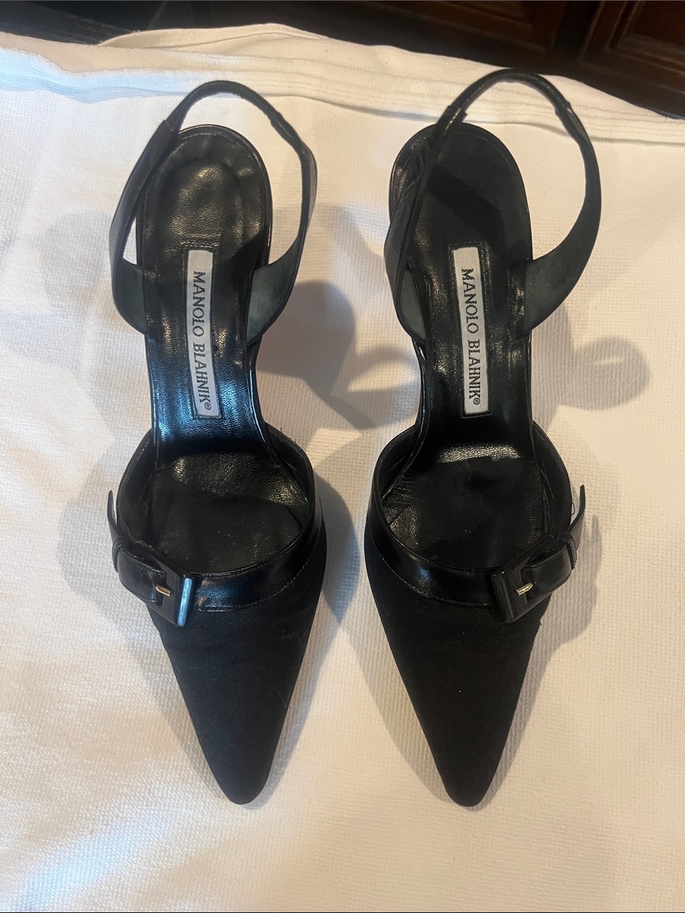 Manolo Blahnik Black Pointed Slingback Pumps with Buckle Detail
